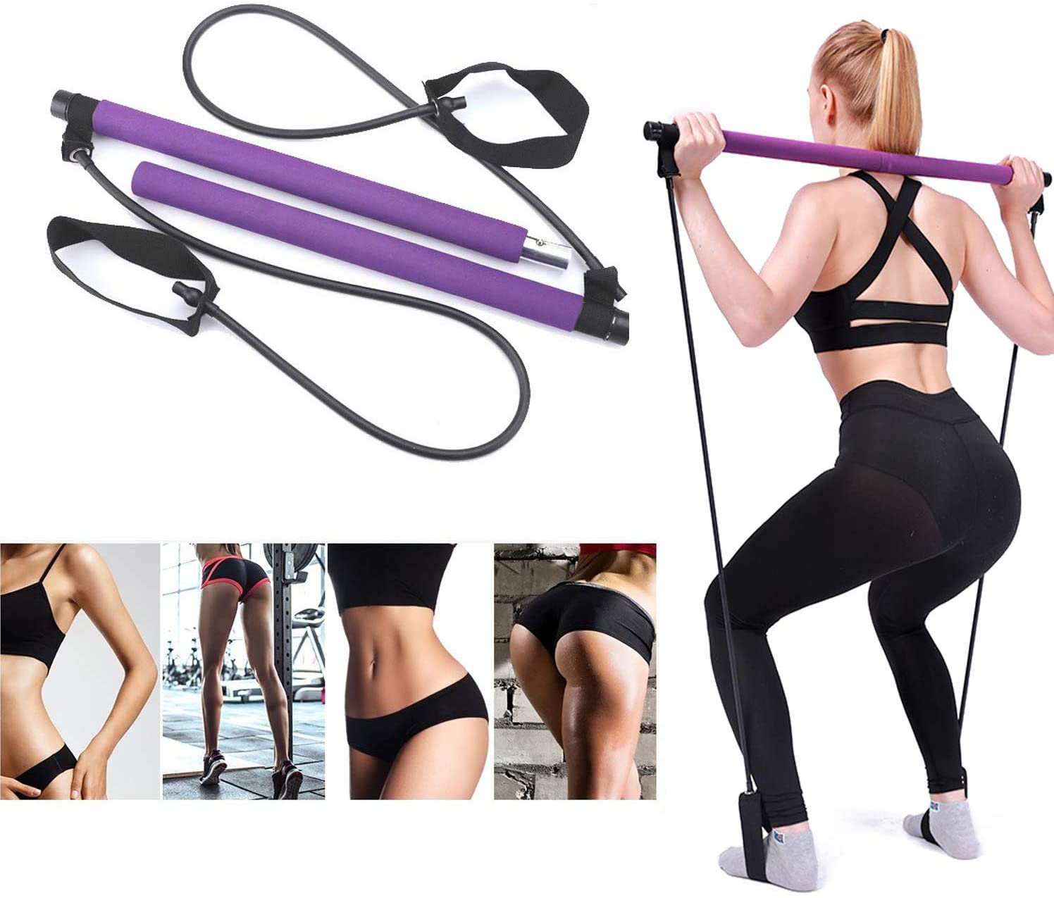 Adjustable Pilates Bar Kit Resistance Band Exercise Stick Toning Gym