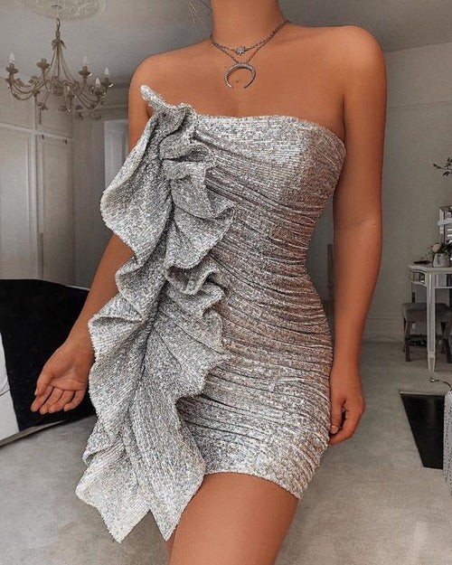 Sliver sequin ruffle short mini dress Women pleated